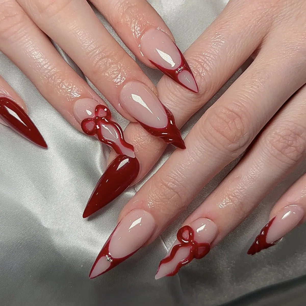 3D Long waterdrop fake nails for women girls embossed Bow gradient blue yellow pink new year red press on false nail art