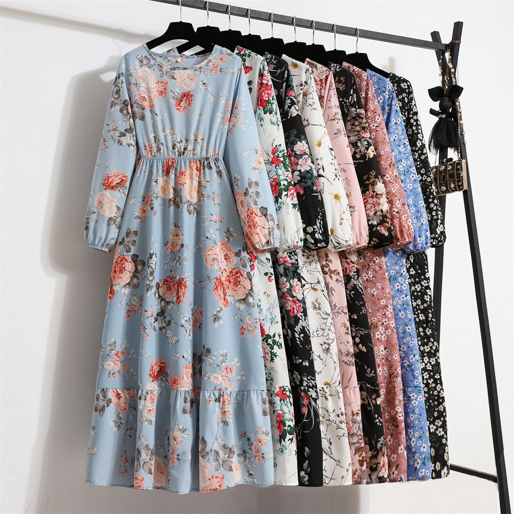 Spring Summer Women Maxi Dresses Casual Full Sleeve Floral Printed O-neck