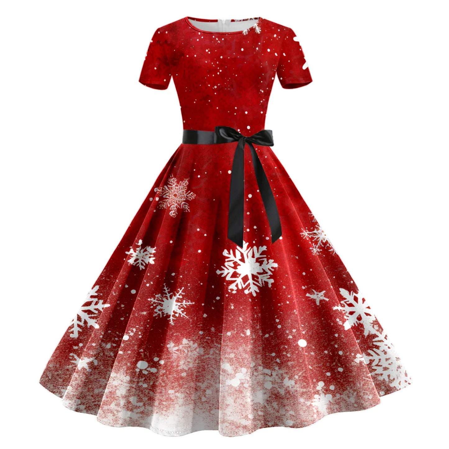 Women's Christmas Print Dresses Autumn Short Sleeve High Waist Lace Up Ruffles Dress Female Christmas Party Dress Vestidos