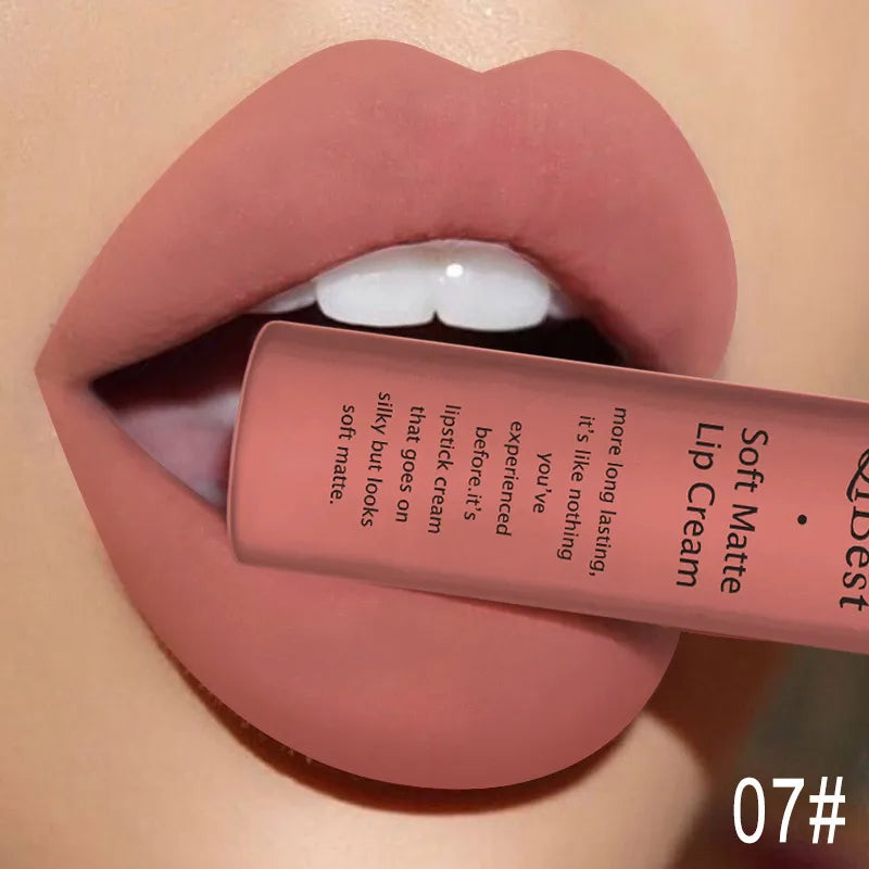 QIBEST Matte Liquid Lipstick Waterproof Lasting Velvet Lip Gloss Tint Tube Nude Pigment Red Black Purple Orange Lipstick Makeup