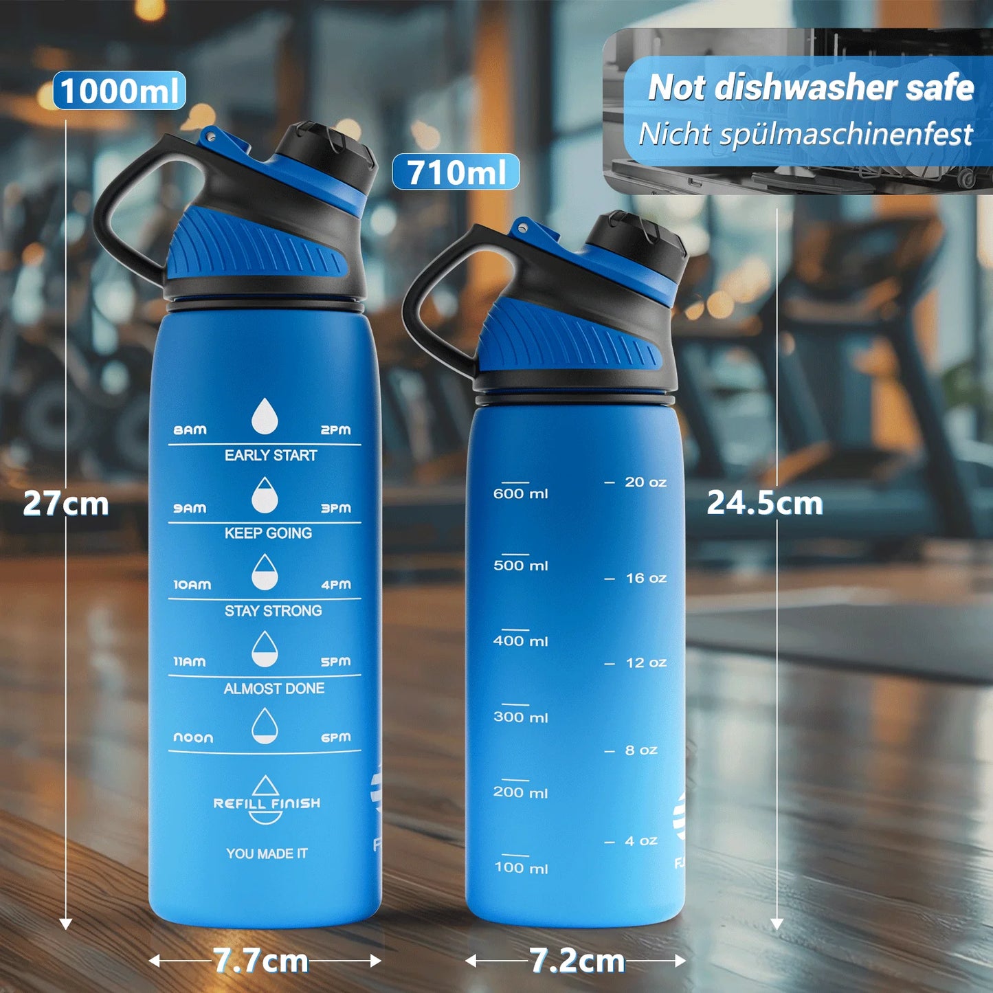 Fjbottle Plastic Water Bottle with Magnetic Lid, Leakproof Sports Water Bottle with Carry Strap BPA-FREE 1000ml
