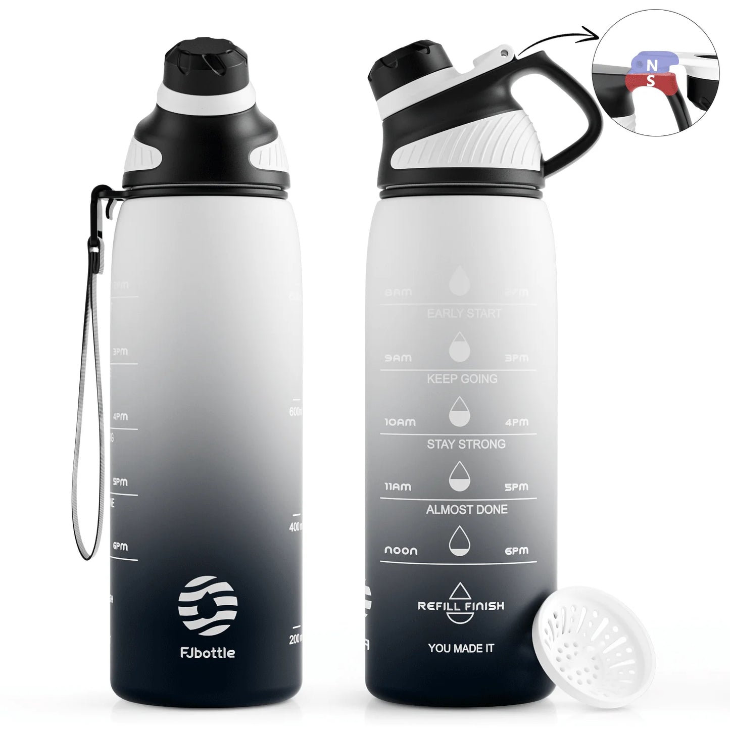 Fjbottle Plastic Water Bottle with Magnetic Lid, Leakproof Sports Water Bottle with Carry Strap BPA-FREE 1000ml