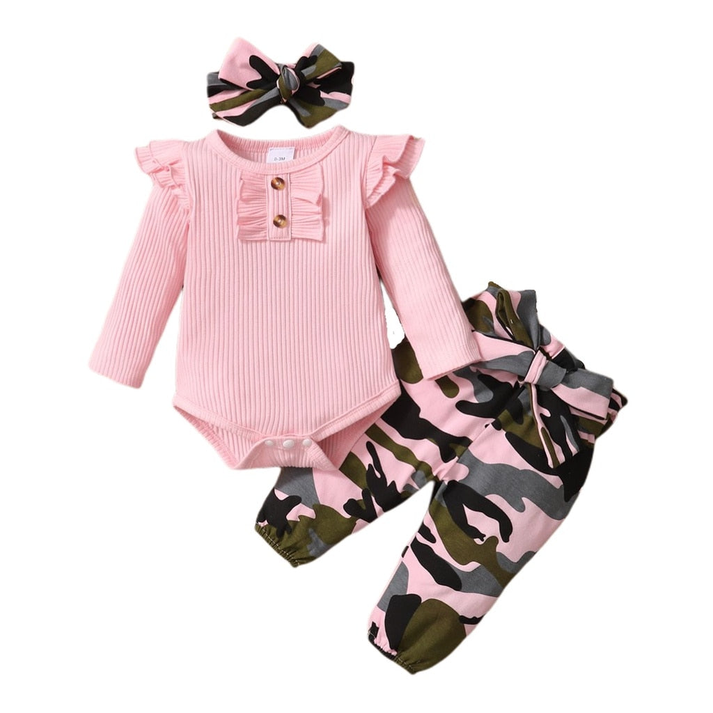 0-18 Months Infant Girl Long Sleeve Bodysuit + Camouflage Pants + Headband Cotton Clothing Suit