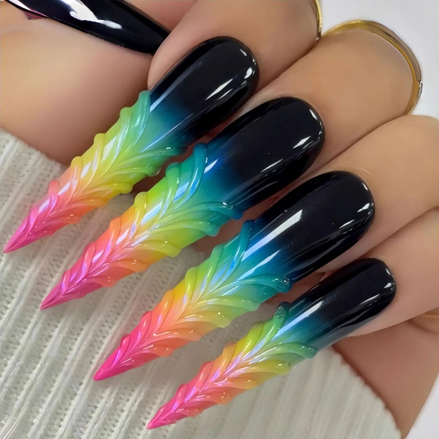 3D Long waterdrop fake nails for women girls embossed Bow gradient blue yellow pink new year red press on false nail art