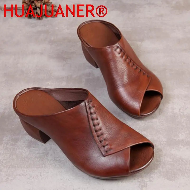 Women Thick-heeled Soft Leather Outer Slippers Fish Mouth Comfortable Versatile Mid-heeled Women Sandals Women's Mother's Shoes