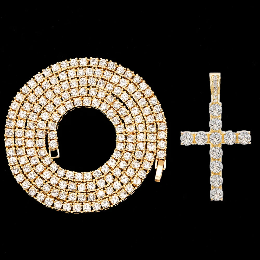 Hip Hop Iced Out Cross Pendant Necklace Strap 4mm Zircon Tennis Chain Men Women Sparkling Necklace Punk Jewelry Fashion Gift