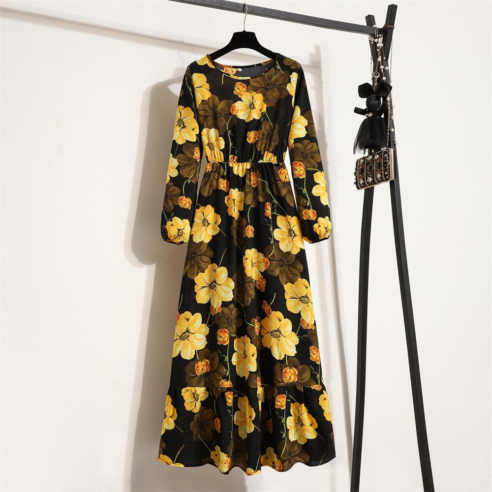 Spring Summer Women Maxi Dresses Casual Full Sleeve Floral Printed O-neck