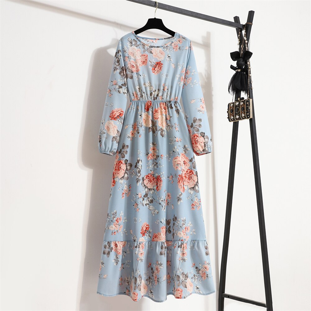 Spring Summer Women Maxi Dresses Casual Full Sleeve Floral Printed O-neck