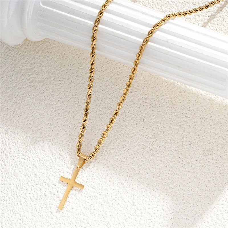 Stainless Steel Cross Pendant Necklace for Men Boys 18K Gold Plated Silver Simple Twisted Chain Fashionable Jewelry Beach Party