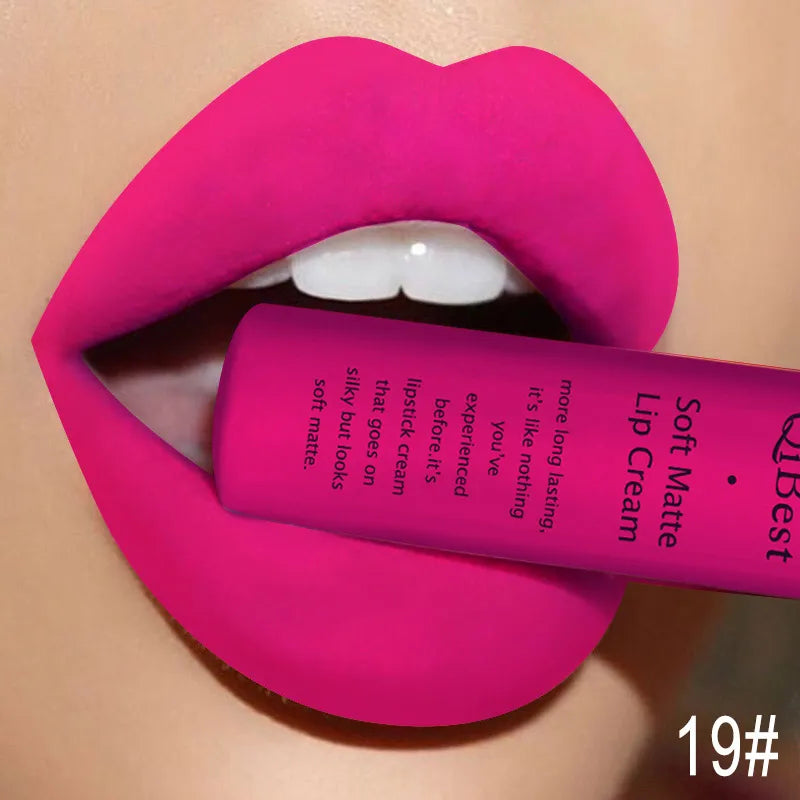 QIBEST Matte Liquid Lipstick Waterproof Lasting Velvet Lip Gloss Tint Tube Nude Pigment Red Black Purple Orange Lipstick Makeup