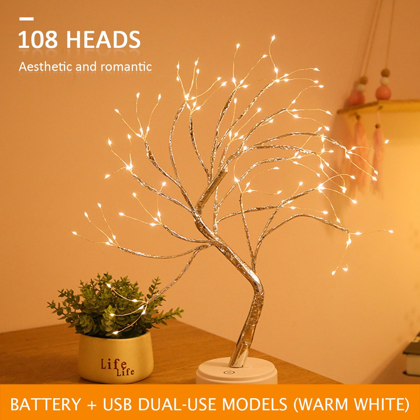 LED Night Light Tabletop Bonsai Tree Light Lamp USB or Touch Switch Copper Wire Bedside Light for Bedroom Children Home Decor