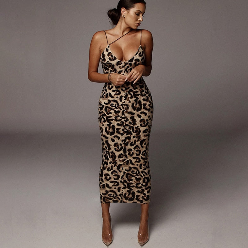 Leopard Print Sleeveless V-Neck Sexy Dress