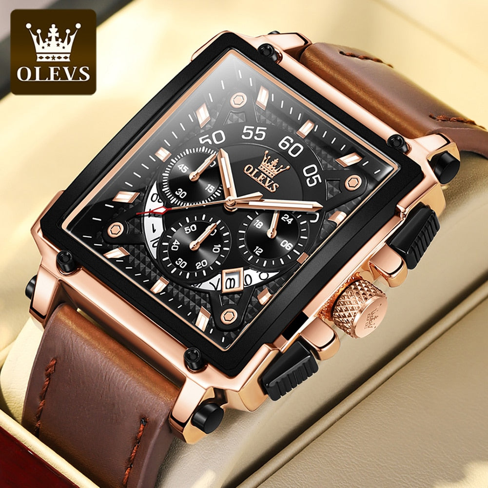 Top Brand Square Quartz  Watch For Men Waterproof Leather Strap Sport Clock