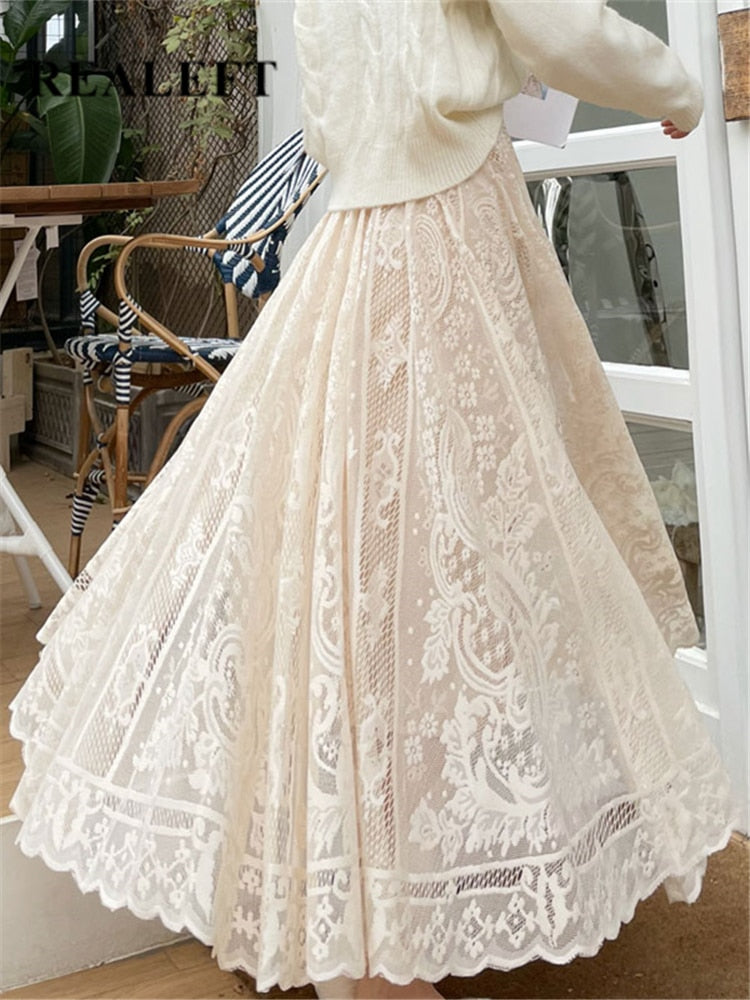 Women's Lace Crochet Umbrella Long Skirts Bohemian High Waist Hollow Out Female Maxi Skirts Spring Summer