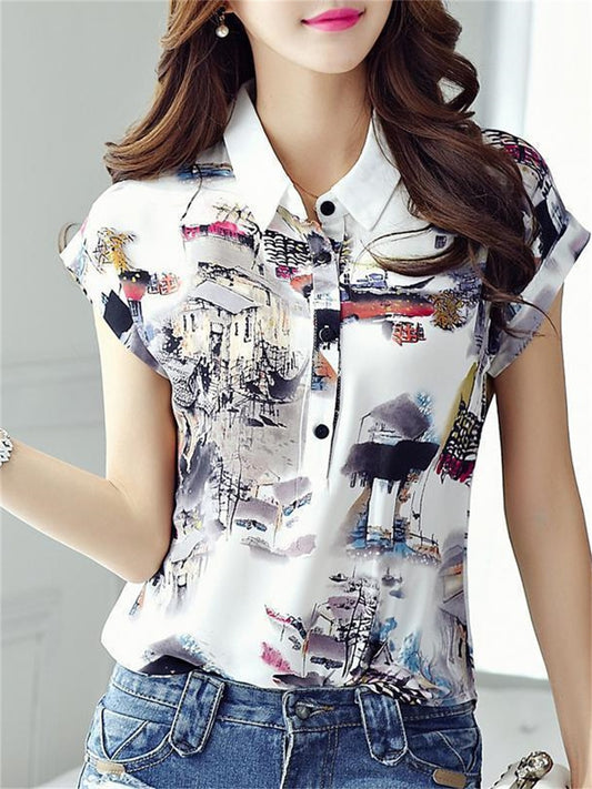 Women Spring Summer Style Casual Short Sleeve Turn-down Collar Printed Blouses