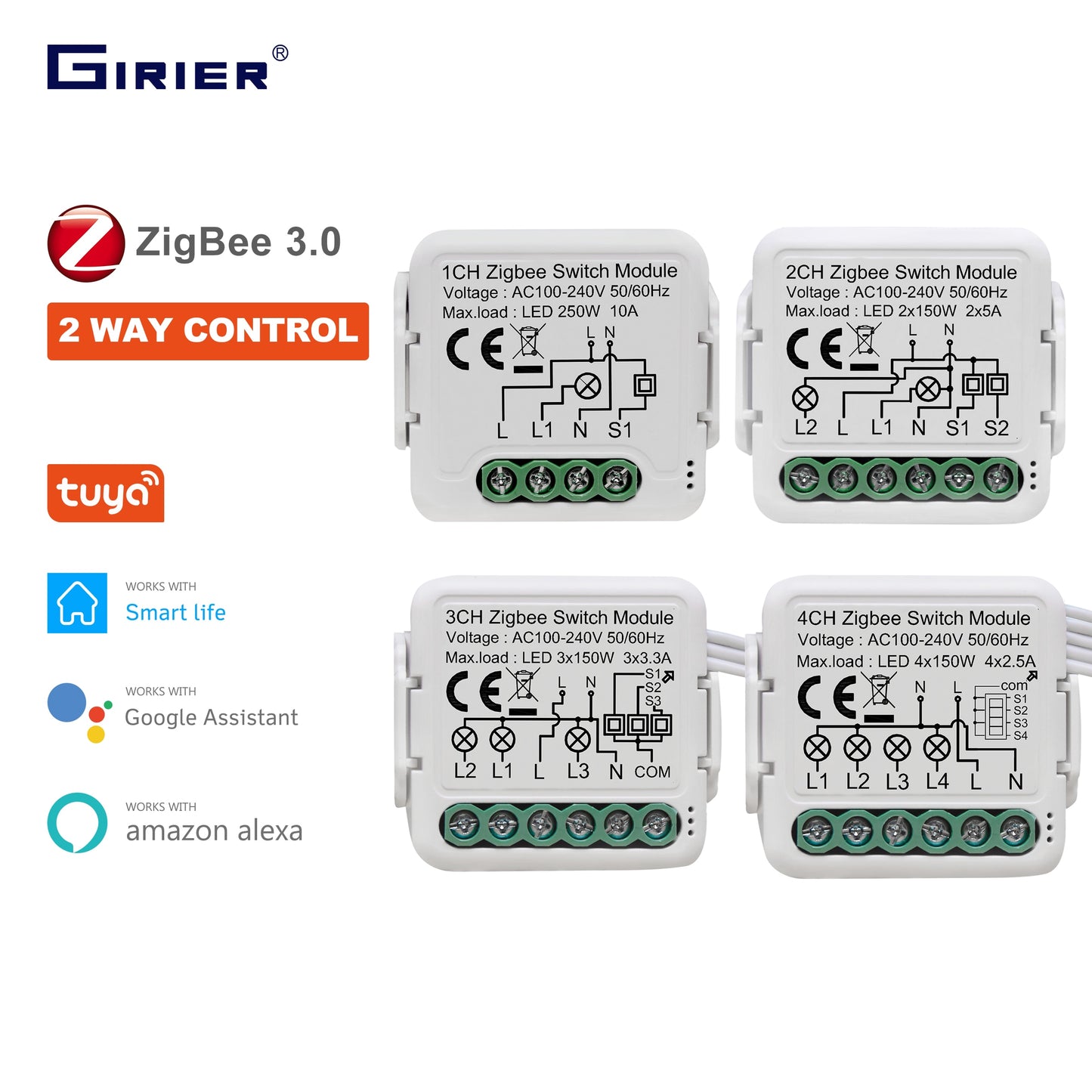ZigBee 3.0 Switch Module 10A Smart Home DIY Breaker 1 2 3 4 Gang Supports 2 Way Control Works with Alexa Google Home