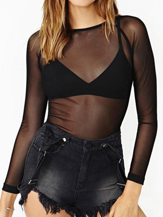 Spring Summer Women's Long Sleeve Sexy Black Mesh Top Blouses