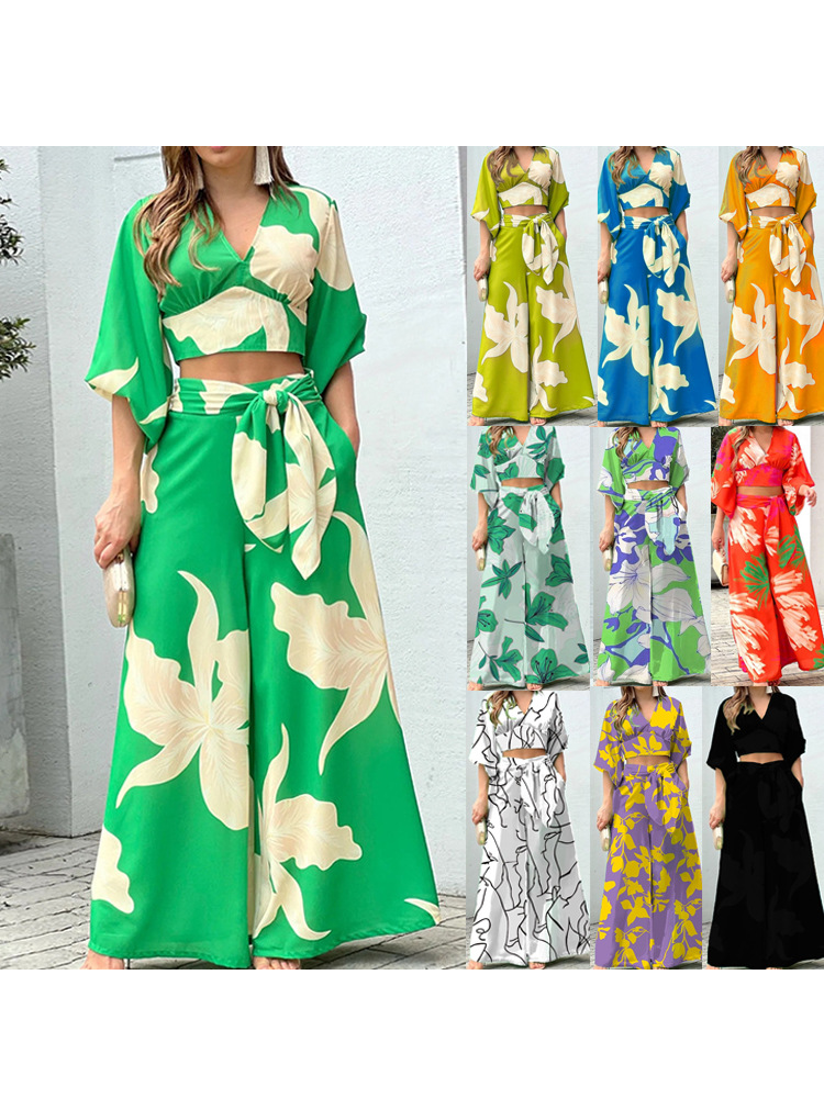 European and American Women's New Print Casual Suit V-neck Lantern Sleeve Short Top High Waist Wide Leg Pants Two Piece Set