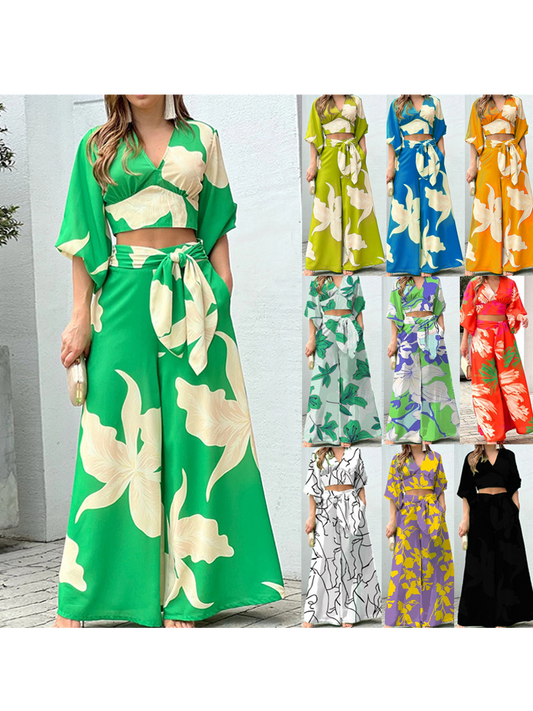 European and American Women's New Print Casual Suit V-neck Lantern Sleeve Short Top High Waist Wide Leg Pants Two Piece Set