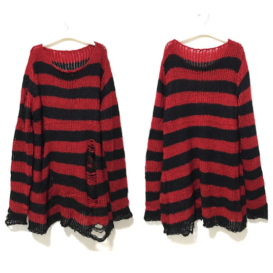 Summer Women Striped Cool Hollow Out Hole Broken Jumper Loose Rock Thin Dark Streetwear Top