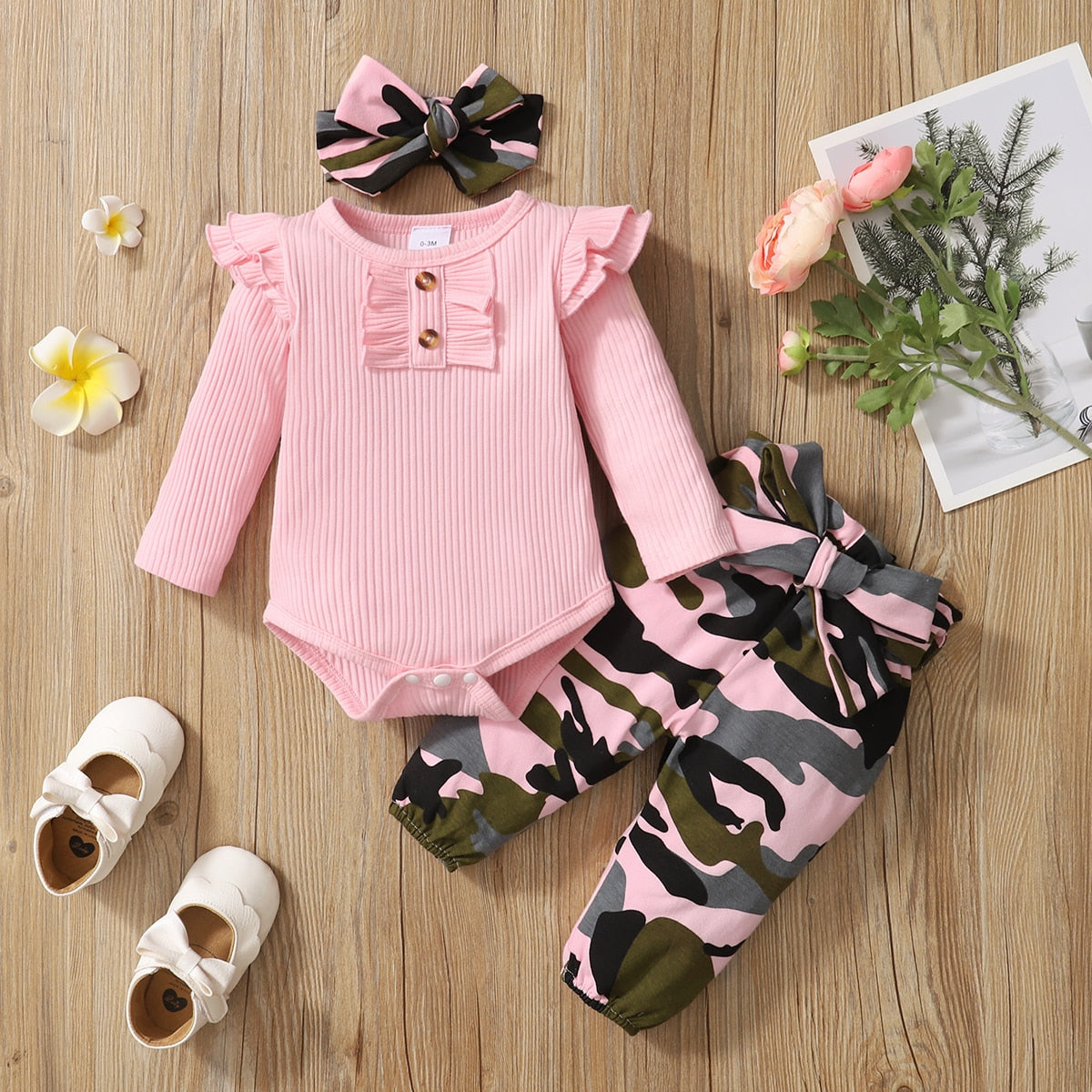 0-18 Months Infant Girl Long Sleeve Bodysuit + Camouflage Pants + Headband Cotton Clothing Suit