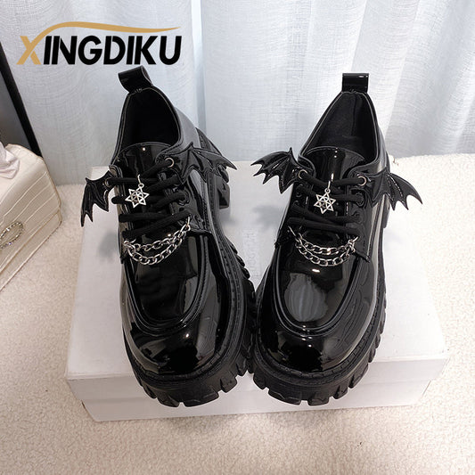 Autumn New Devil Bat Wings Gothic Women's Shoes Thick Bottom Waterproof Platform Metal Chain