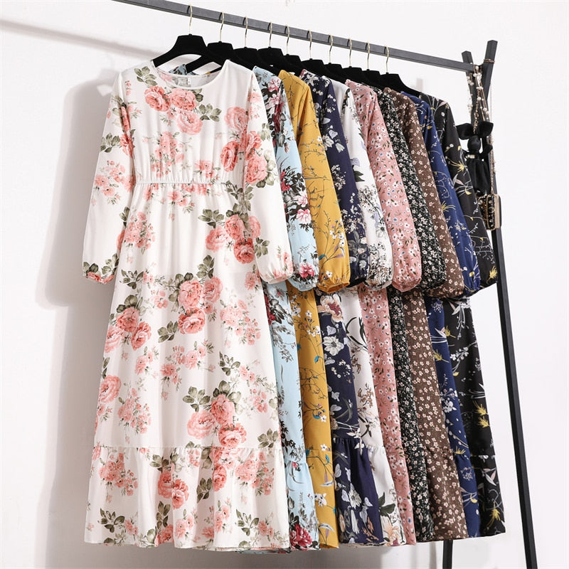 Spring Summer Women Maxi Dresses Casual Full Sleeve Floral Printed O-neck